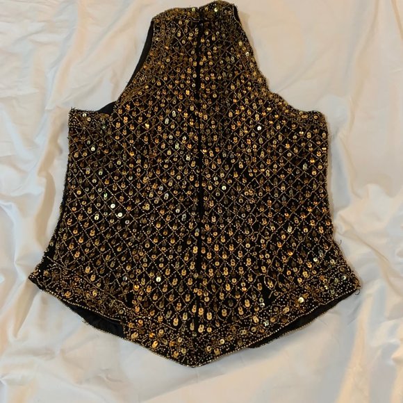 Vintage Mark & John by Gopal Black and Gold Sequin/Beaded Halter Top Size L - Picture 7 of 15
